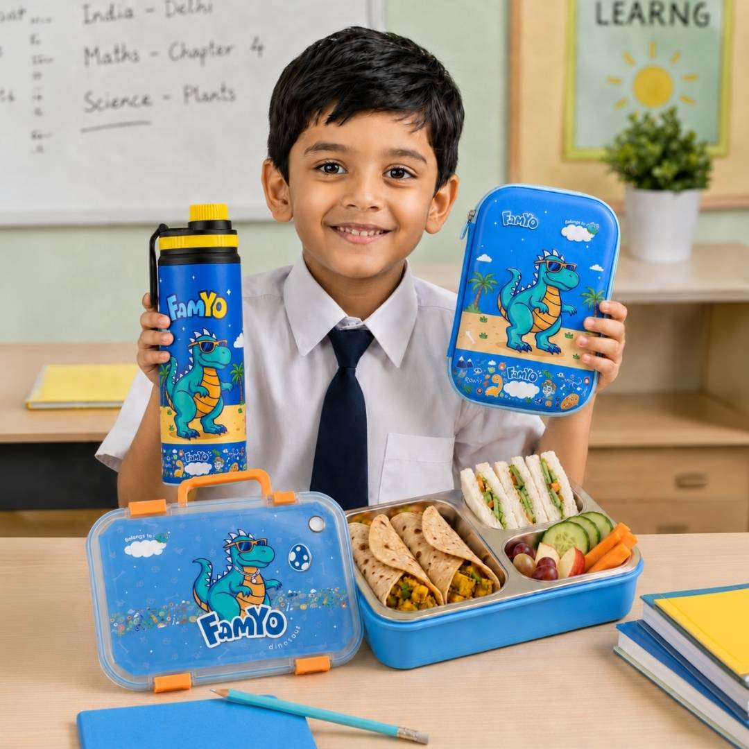 Pack of 3 Famyo dinosaur-themed lunch box, water bottle, and pencil pouch by Faymo

