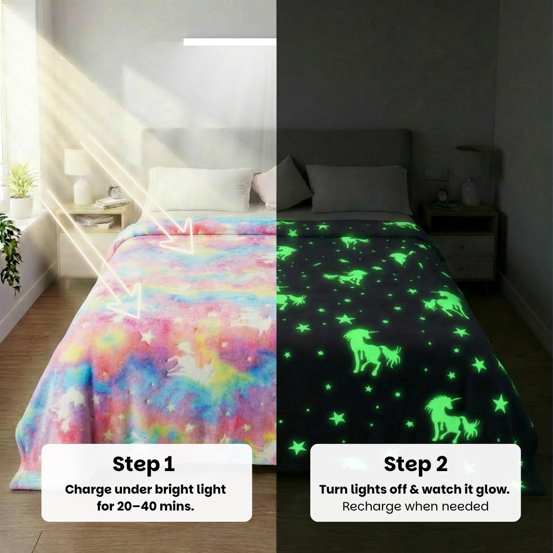 Pink Unicorn Glow in The Dark Blanket for Kids | 200 x 152cm, 3-18 Years, Queen Size Flannel Blanket/ Glow Blanket | Birthday Gift for Kids Bed, Sofa, or Couch