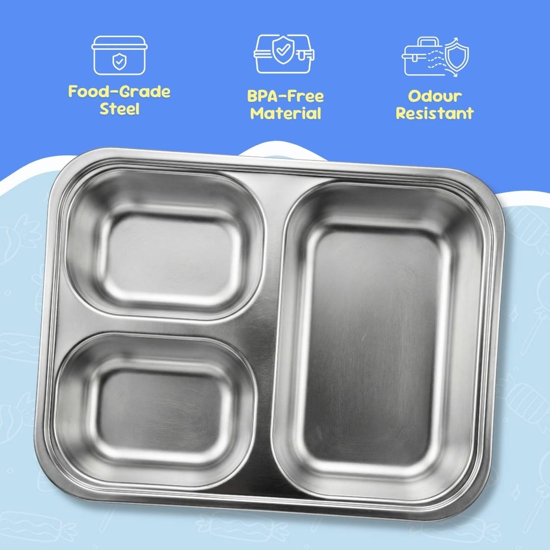 Famyo Bento lunch box for kids - 3 compartments - stainless steel - good grade - bpa free - odour resistant 