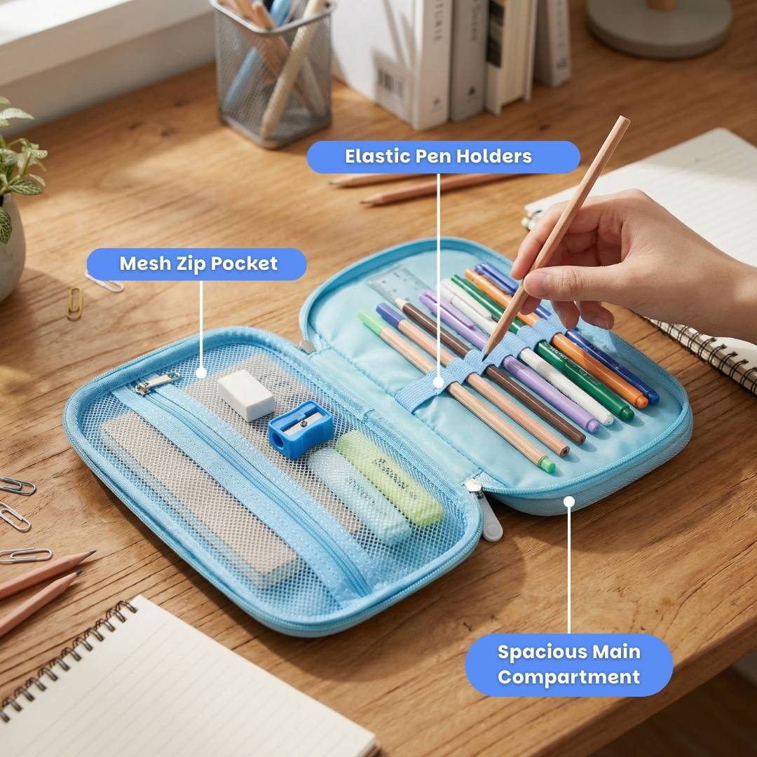 Famyo rexy the dinosaur pencil pouch for kids - mesh zip pockets, elastic pen holders, spacious main compartments
