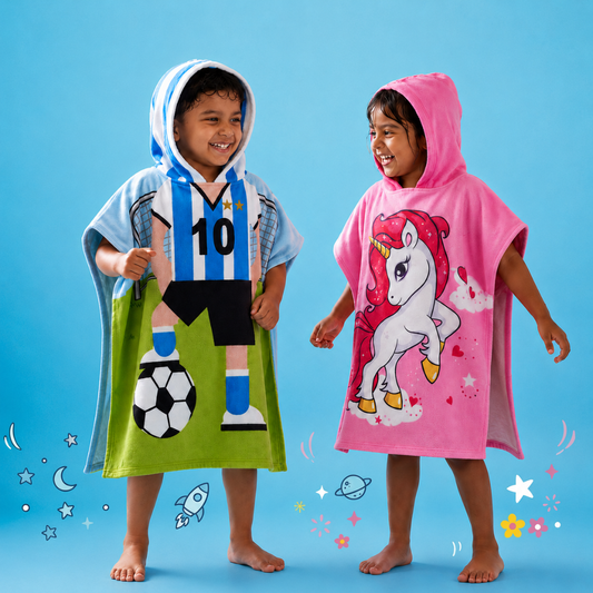 Pink Unicorn & Football Bath Towel for Kids, Set of 2 | 100% Microfiber Poncho Towel for Kids (1-7 Years)