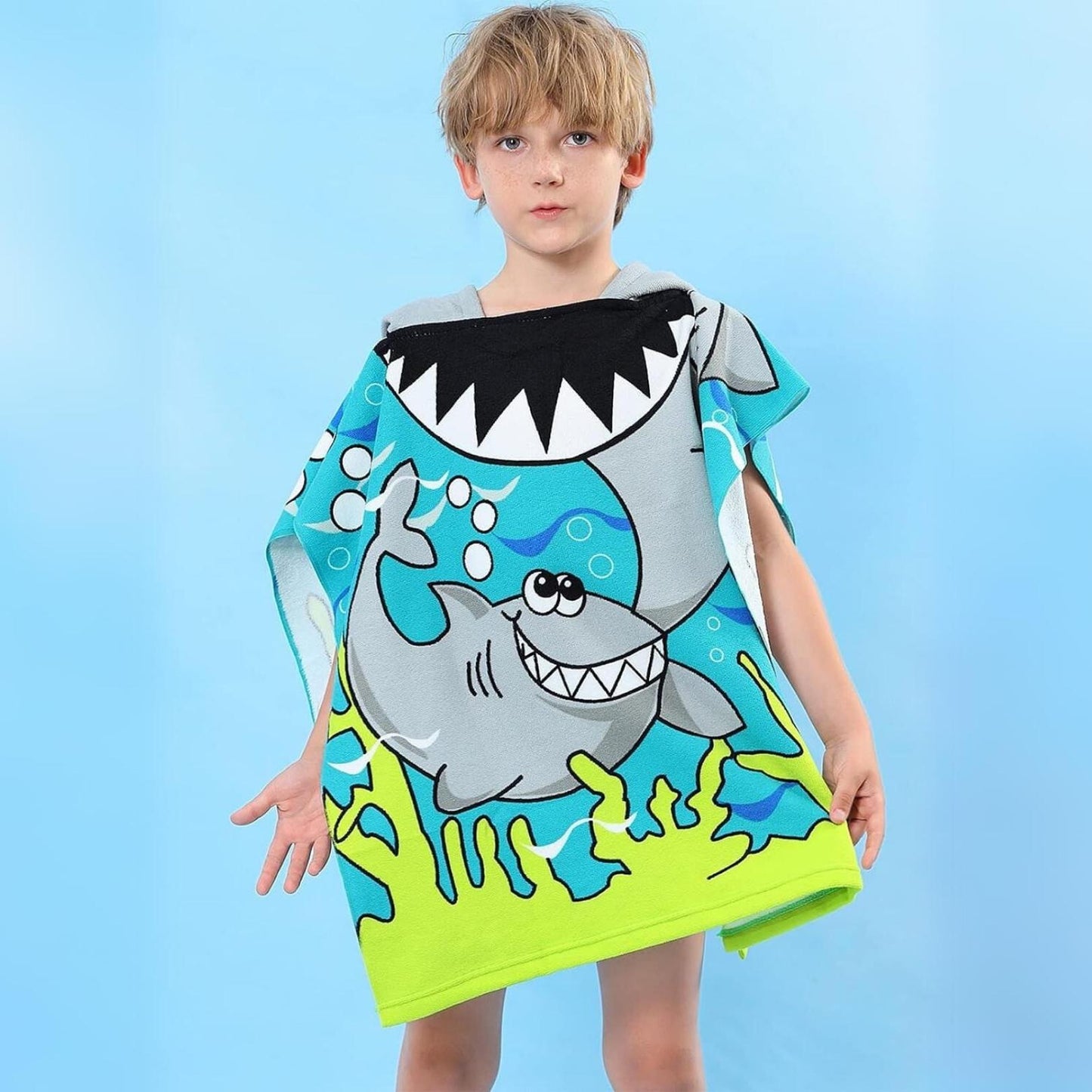 Cute Shark Poncho Towel for Kids | Hooded Beach Bath Towels for Boys & Girls | 60 x 60cm Toddler Pool Towel with Hood