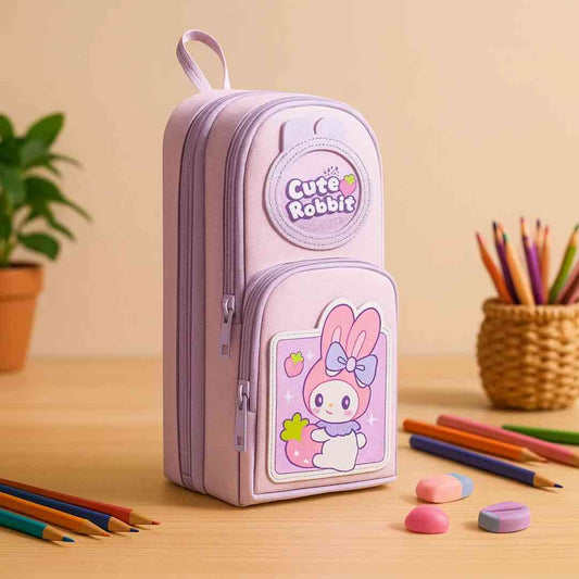 Famyo Cute Pink Rabbit Pencil Pouch for Girls – 3-Compartment Zipper Pouch for School Famyo Shop WH