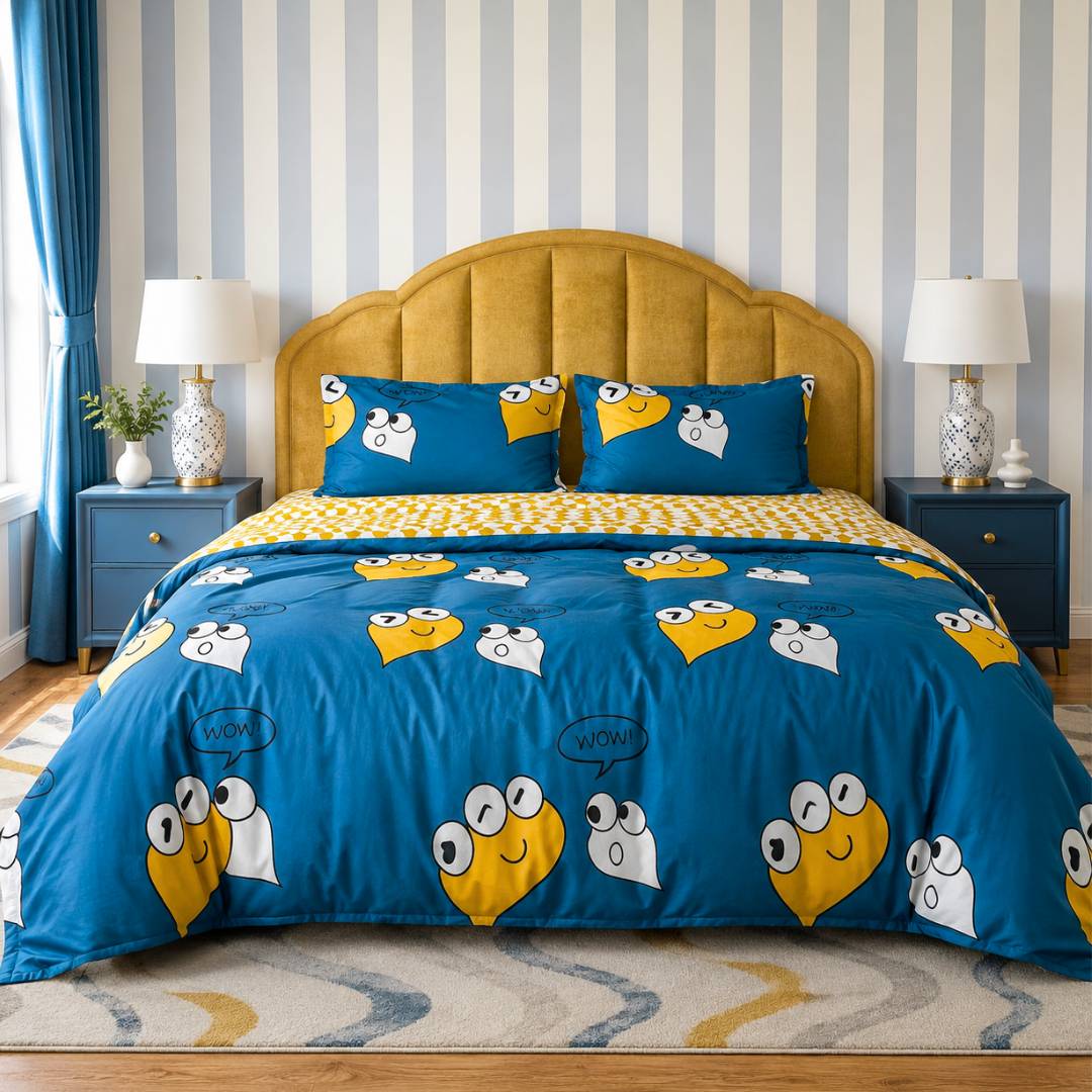 Cute Smiles King Size AC Comforter Set | 4 & 5 Piece Options | 250 TC Cotton Fitted Bedsheet | 150 GSM Lightweight All-Season Bedding Set with Pillow Covers
