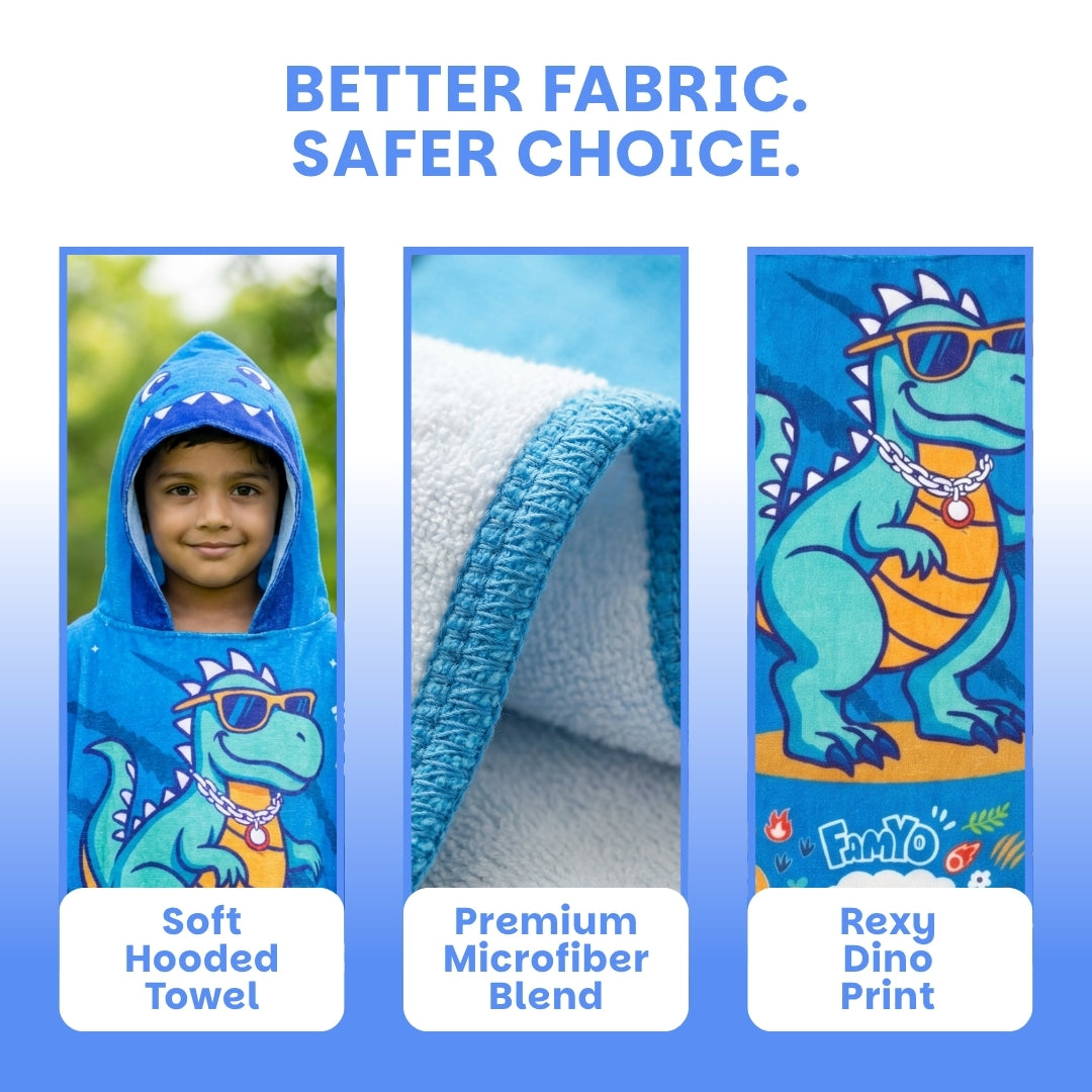 Rexy the Dino hooded poncho towel for kids featuring soft quick-dry terry fabric, lightweight absorbent design, wearable hood with knee-length coverage, and ideal for bath, beach, pool, swimming, travel, and everyday use.