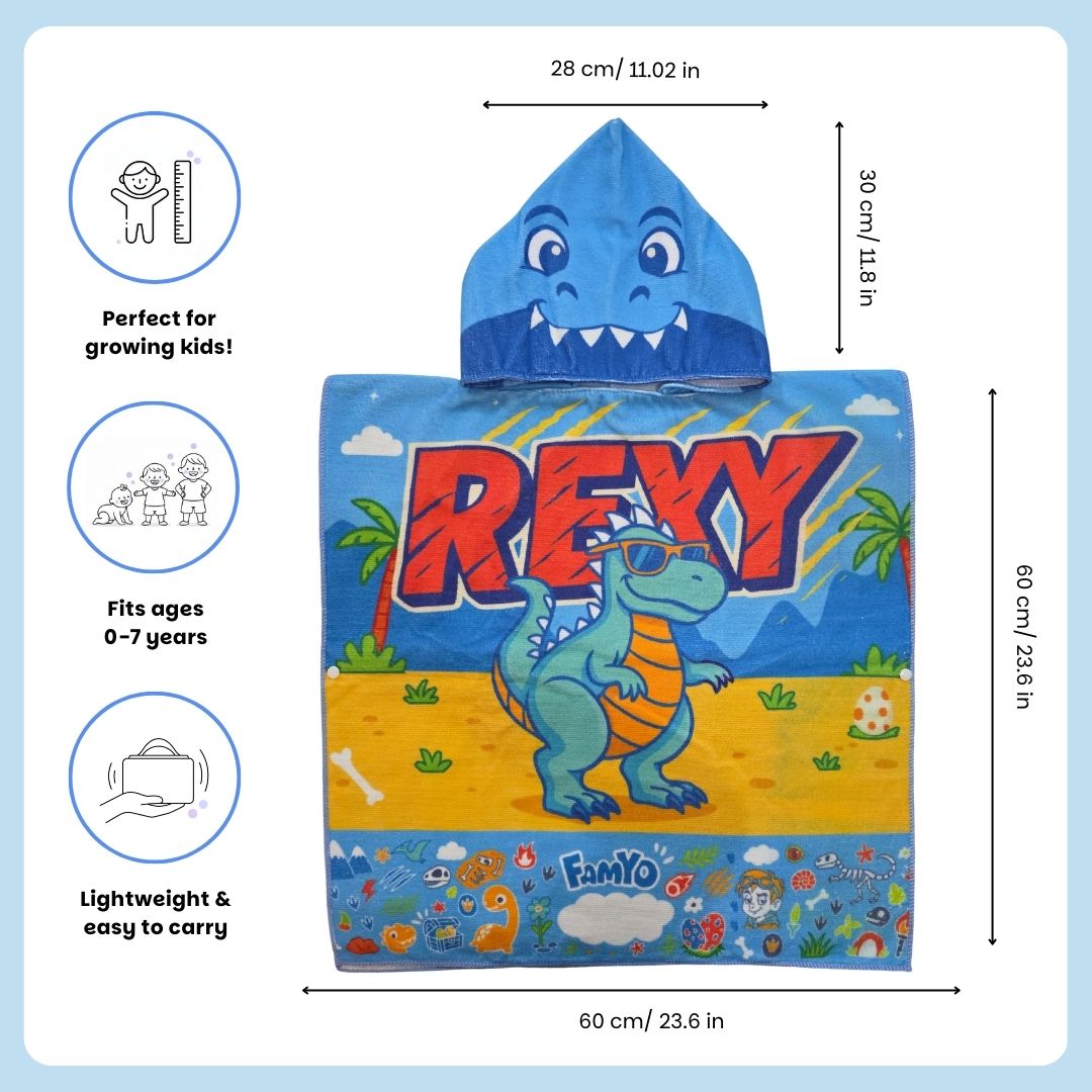 Rexy the Dino Kids Towel from Famyo Hood Maxx Series – Ultra-Soft Kids Hooded Towel for Ages 0–7 | Perfect Gift for Kids