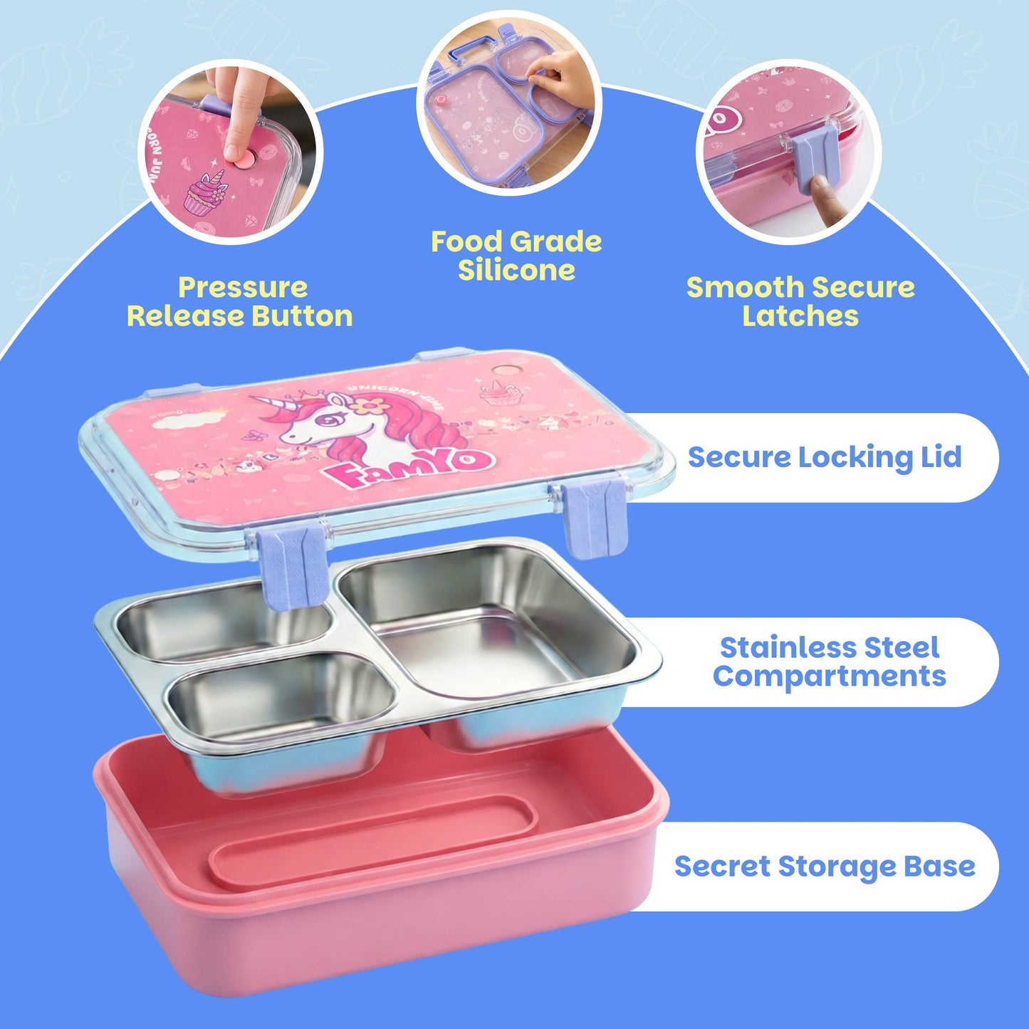 June the Unicorn bento lunch box for kids featuring 3 stainless steel compartments, leakproof design, BPA-free outer body, child-friendly locking clips, organised meal storage, and perfect for school lunches, travel, daycare, and everyday use.