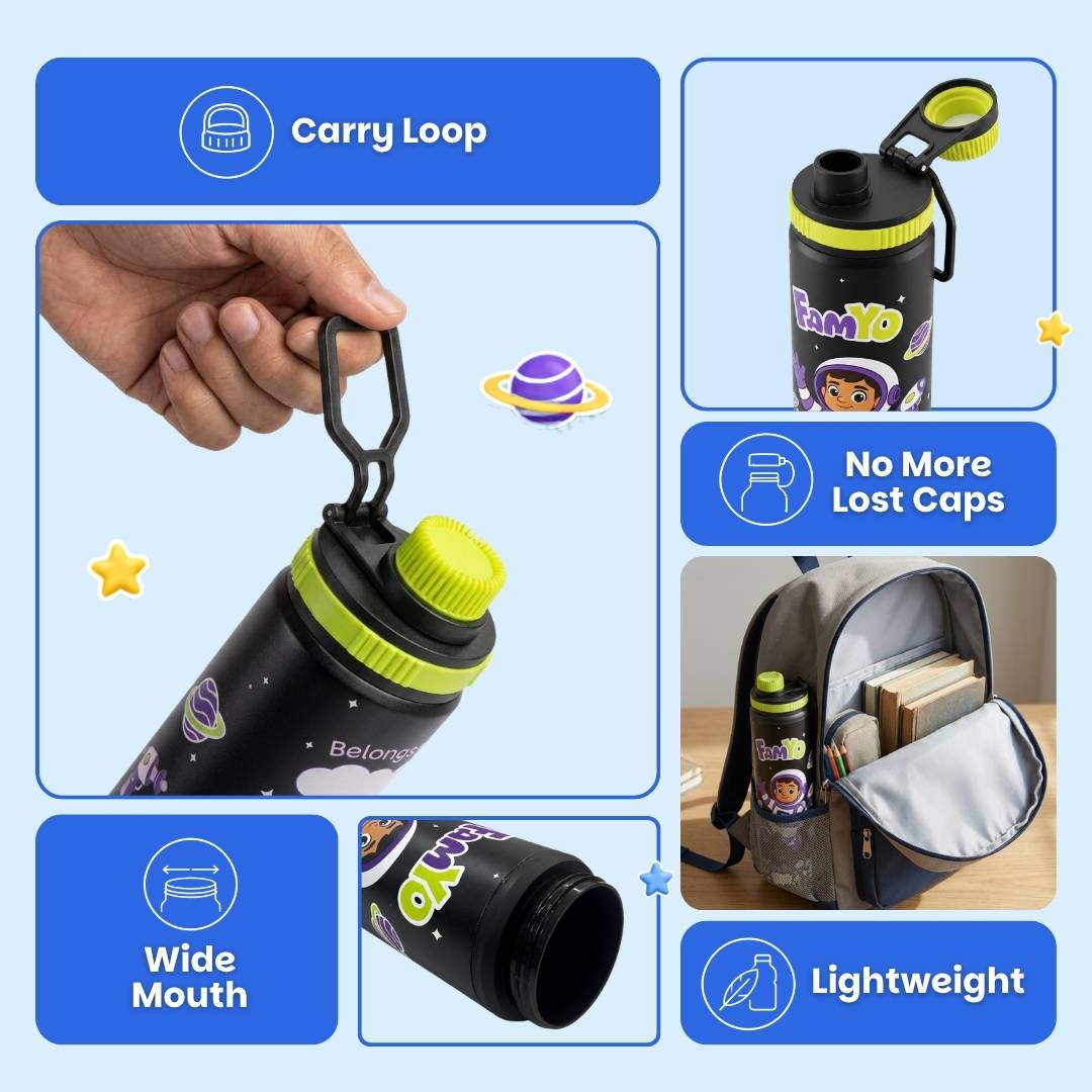 Famyo Leo the Astronaut 900 ml for kids - school essentials - carry loop - wide mouth - no more lost caps - lightweight