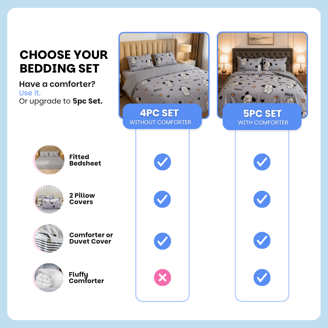 Cute Puppy 250TC King Bed Sheet Set (Set of 4 or Set of 5)