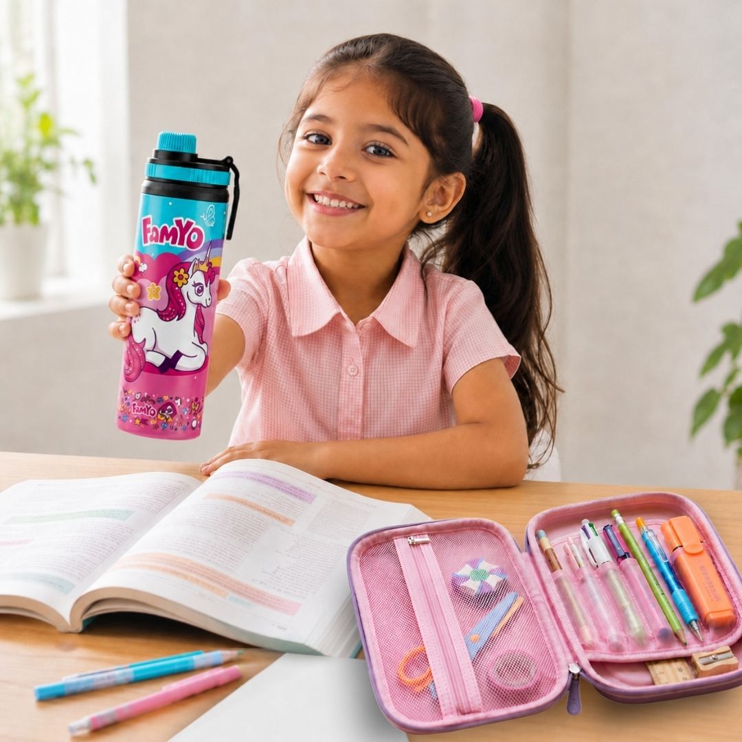 June the Unicorn water bottle and hard shell pencil pouch combo for kids featuring a 900 ml stainless steel water bottle and durable school pencil case, ideal for school, travel, and everyday use.