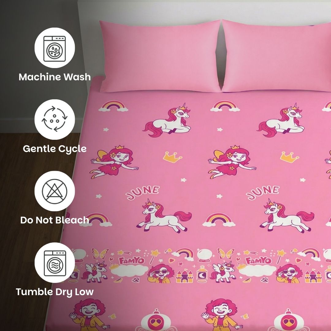 June the Unicorn Glow Bedsheet for Kids | King Size Bedsheet Set | 300 TC Cotton-Blend | Free Pillow Cover