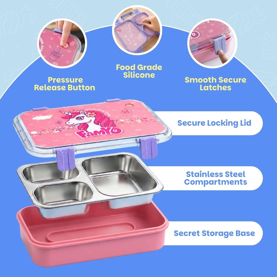 June the Unicorn bento lunch box for kids featuring 3 stainless steel compartments, 800 ml leakproof design, BPA-free outer body, child-friendly locking clips, organised meal storage, and perfect for school lunches, travel, daycare, and everyday use.