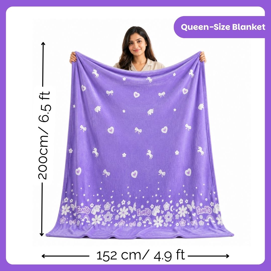 Lavender Unicorn & Dark Blue Astronaut Glow Quilt/Blanket/AC Comforter Set of 2 | Soft Flannel Queen Size Glow Blankets | All-Season Comfort