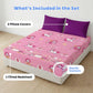Pack of 2 June the Unicorn glow bedsheet sets featuring king-size fitted bedsheets, 4 matching pillow covers, premium 300 TC cotton-blend microfiber, and safe glow-in-the-dark technology for kids.