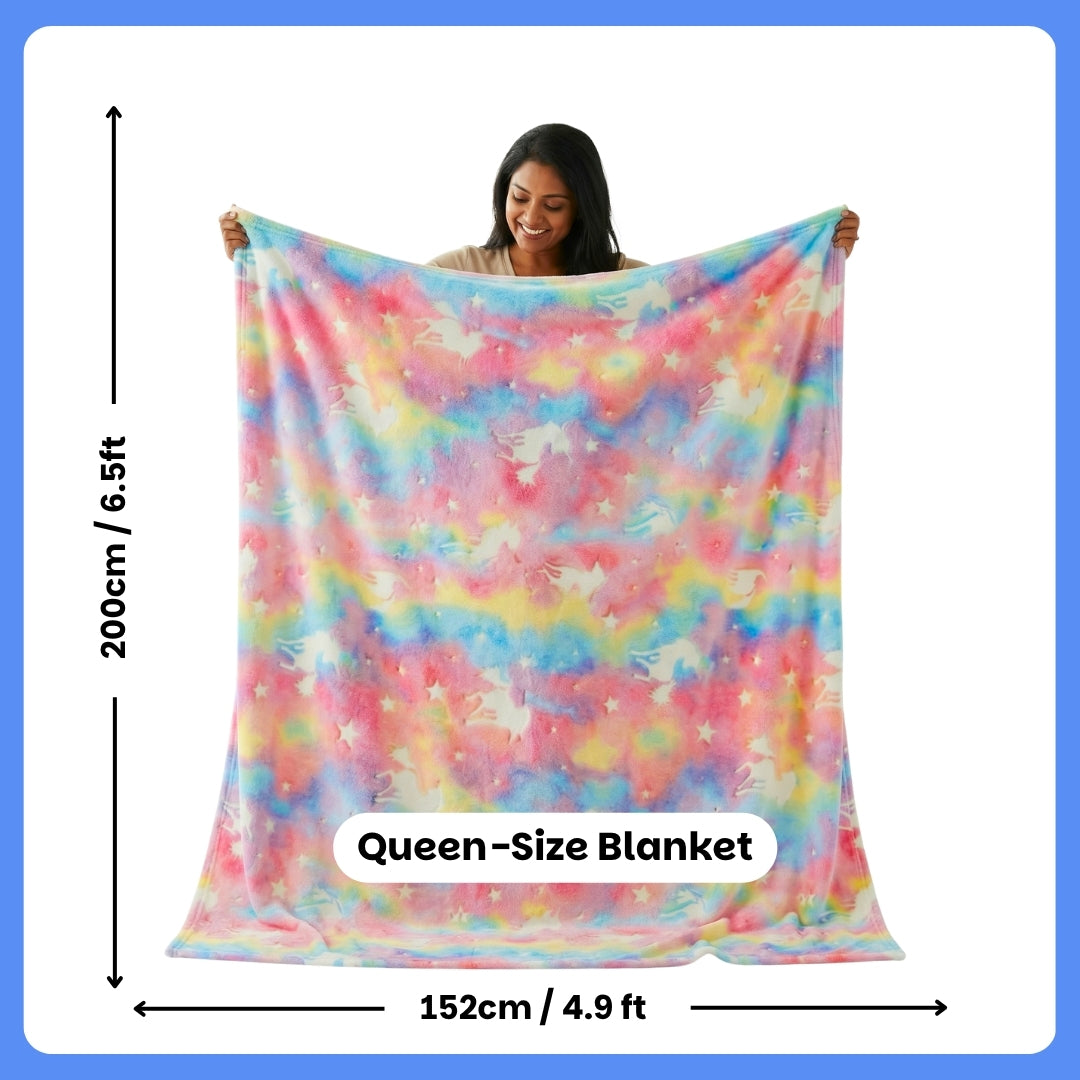Pink Unicorn Glow in The Dark Blanket for Kids | 200 x 152cm, 3-18 Years, Queen Size Flannel Blanket/ Glow Blanket | Birthday Gift for Kids Bed, Sofa, or Couch