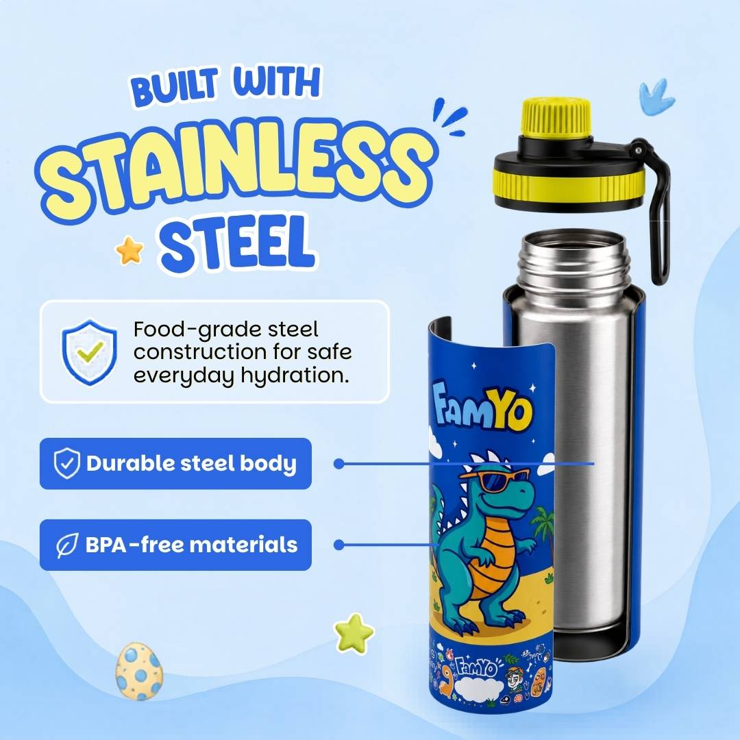 Famyo rexy the dino stainless steel water bottle - durable steel body and BPA free materials 
