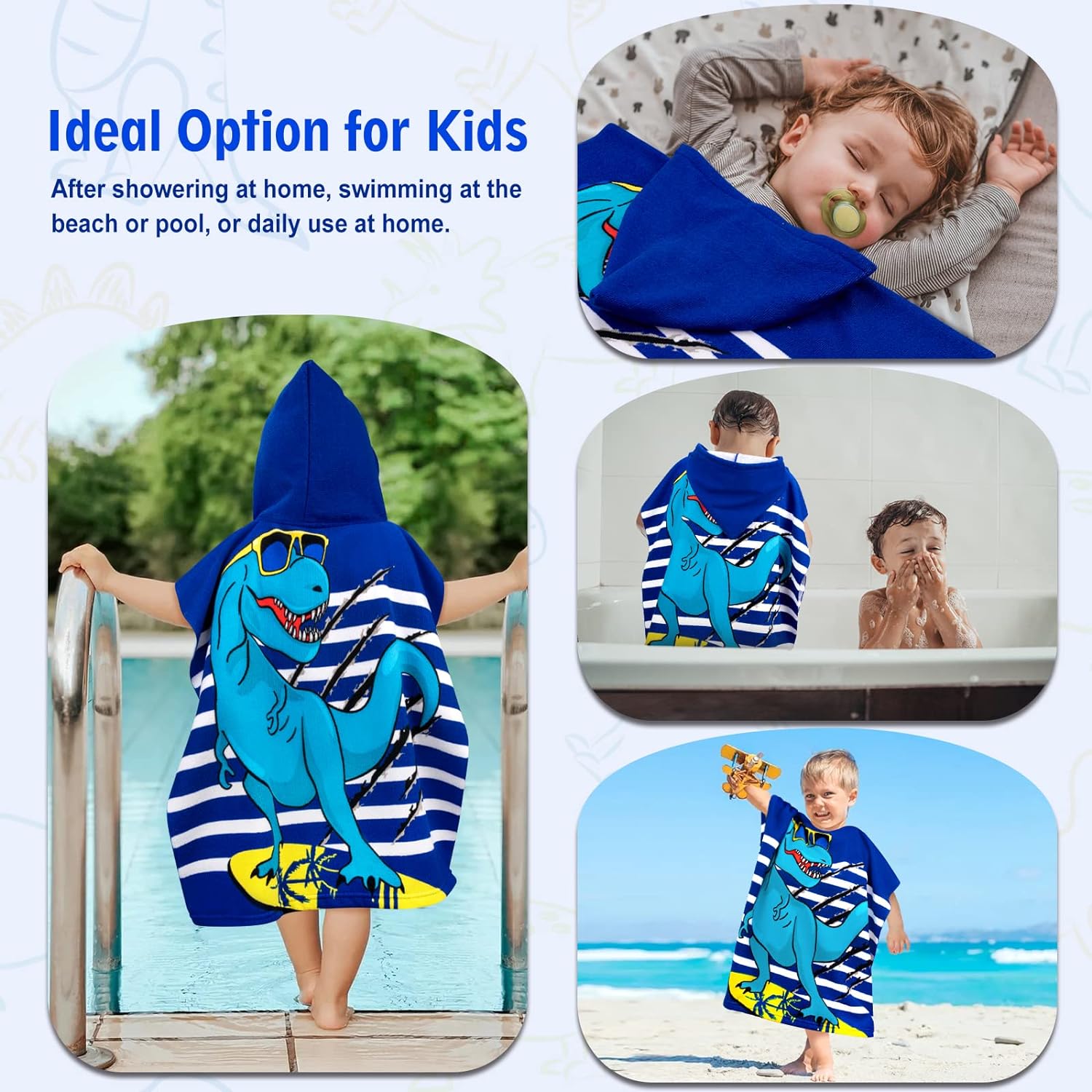 Cool Blue Dino Poncho Towel for Kids | Hooded Bath Towels for Boys & Girls | 60 x 60cm Toddler Pool Towel with Hood, 1-7 years