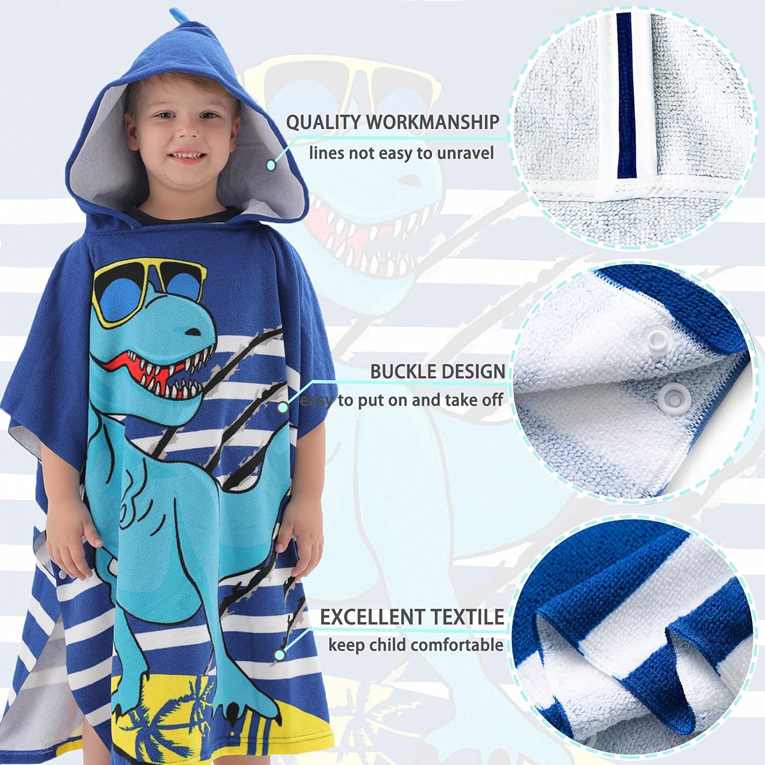 Cool Blue Dino Poncho Towel for Kids | Hooded Bath Towels for Boys & Girls | 60 x 60cm Toddler Pool Towel with Hood, 1-7 years