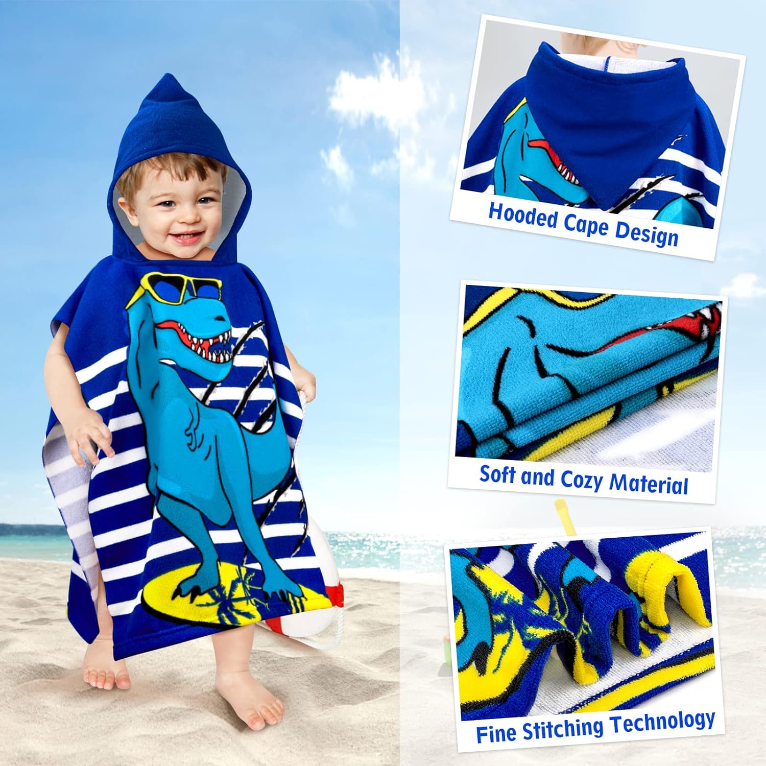 Cool Blue Dino Poncho Towel for Kids | Hooded Bath Towels for Boys & Girls | 60 x 60cm Toddler Pool Towel with Hood, 1-7 years