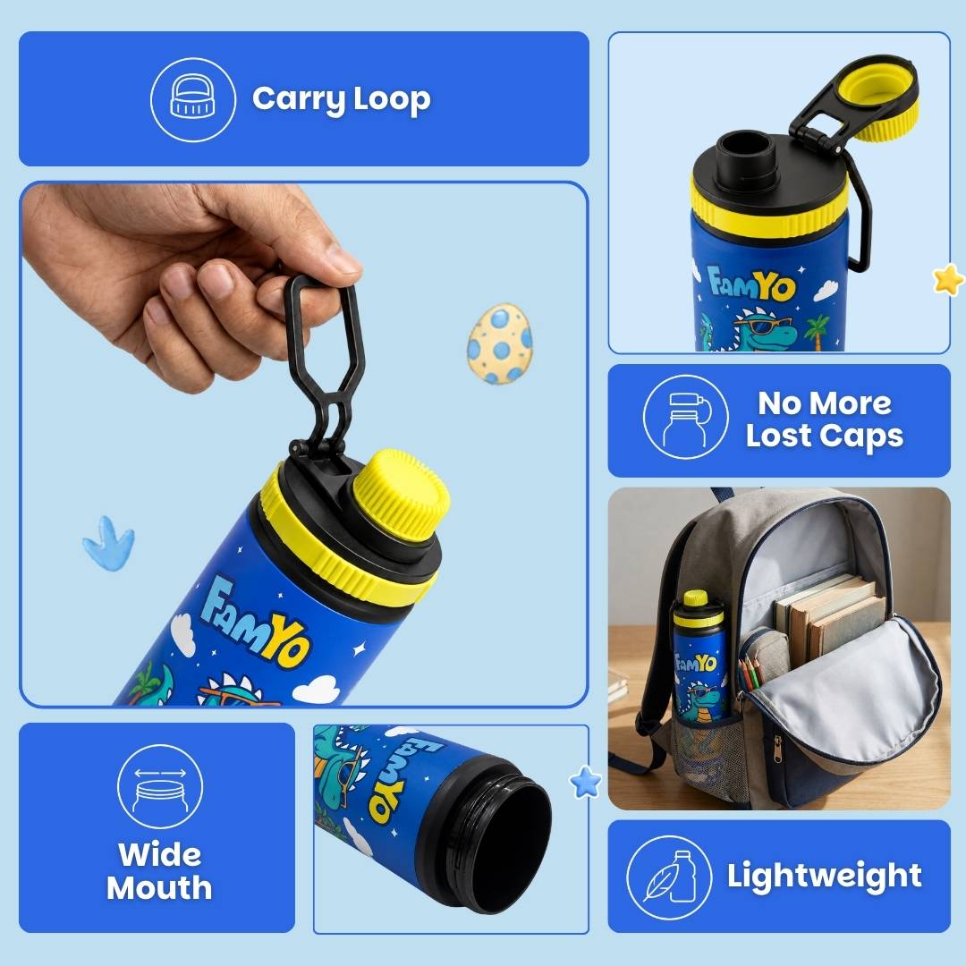 Famyo rexy the dinosaur water bottle - 900 ml - carry loop - o more lost caps - wide mouth - llightweight 