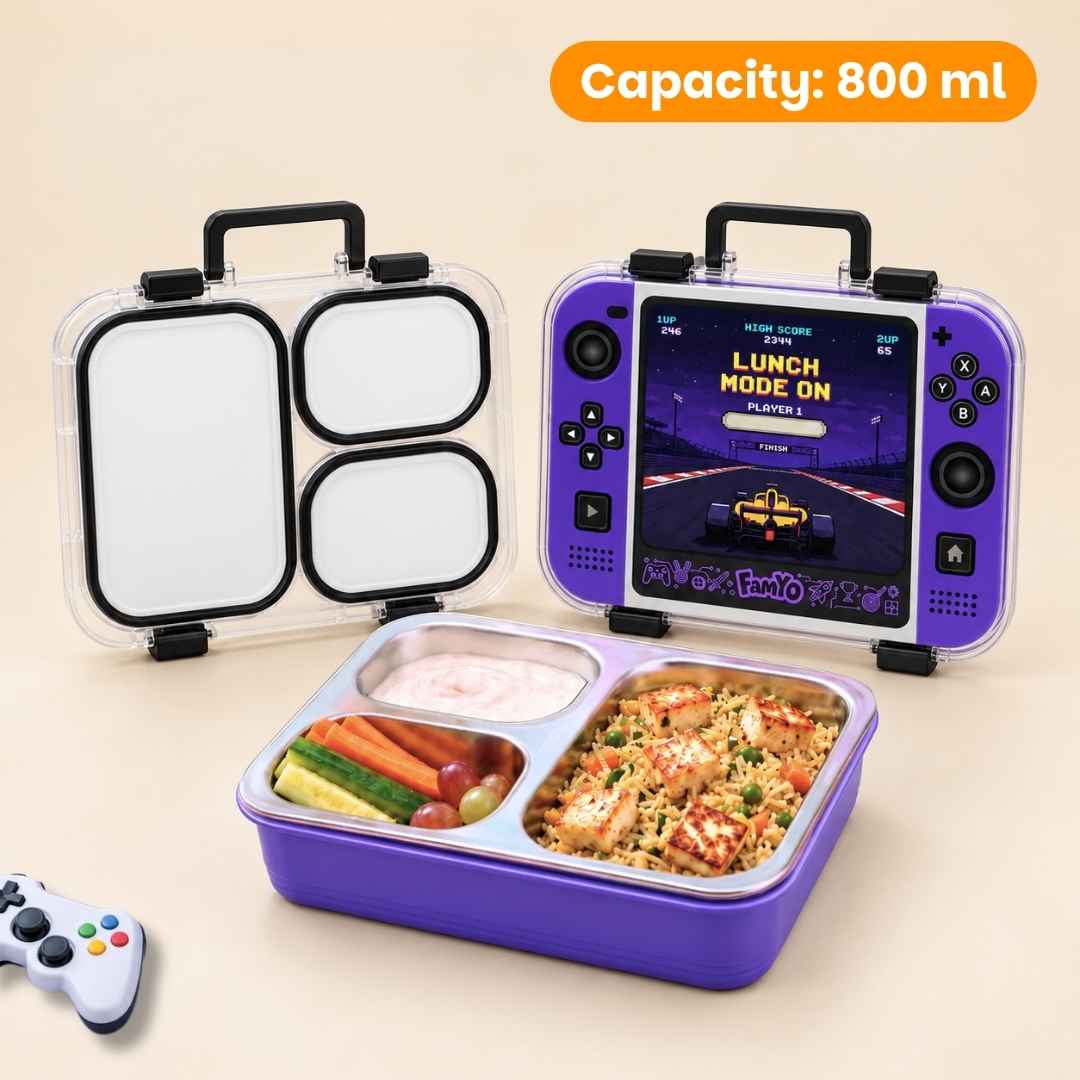 Game On Bento Lunch Box for Kids featuring a video game console print, 3 stainless steel compartments, 800 ml capacity, and a BPA-free outer body