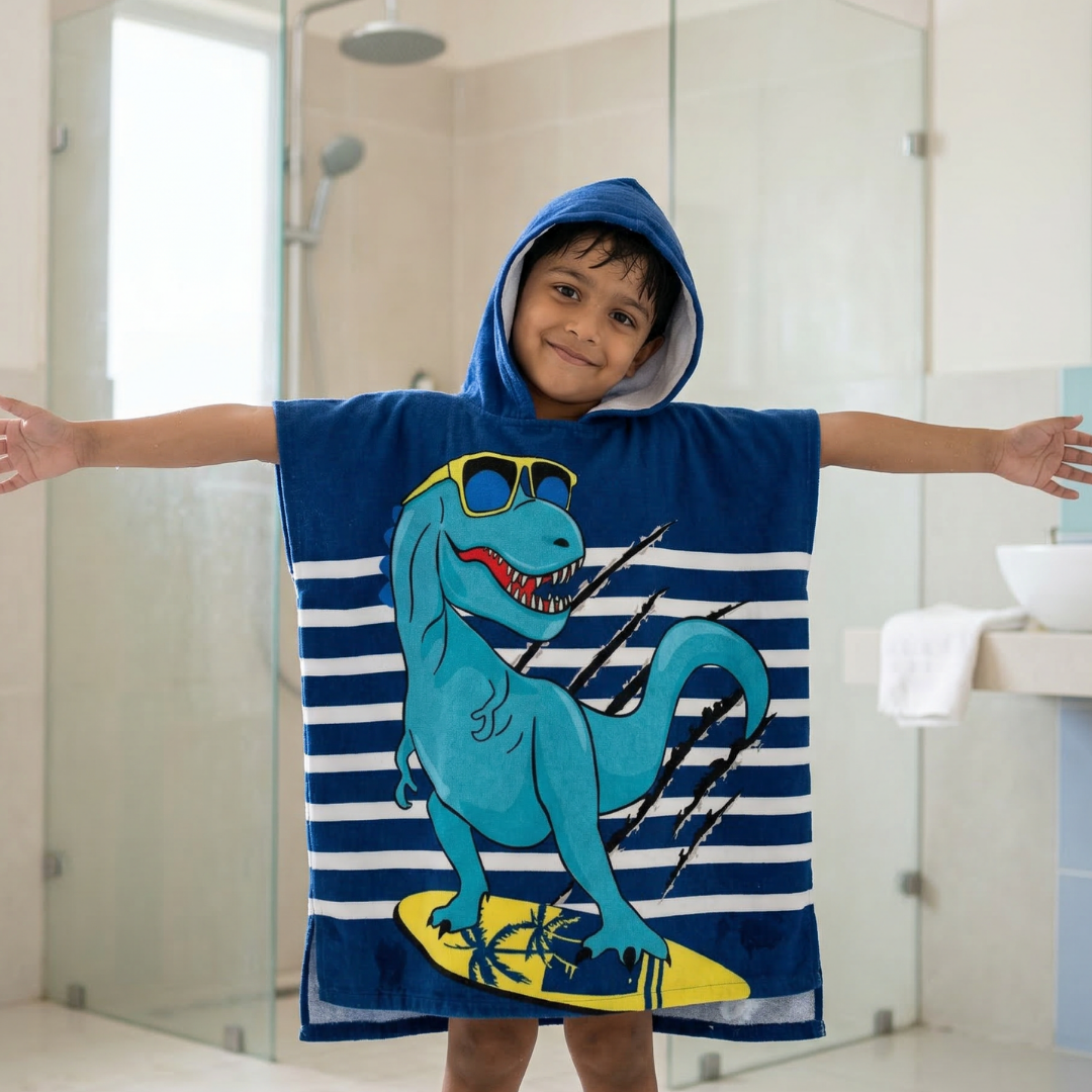 Cool Blue Dino Poncho Bath Towel for Kids, 1-7 years, 60 x 60cm | 100% Cotton, Skin-Friendly Microfiber Hooded Toddler Pool Towel | Quick-Drying, Water Absorbing, Full-Size Bathrobe