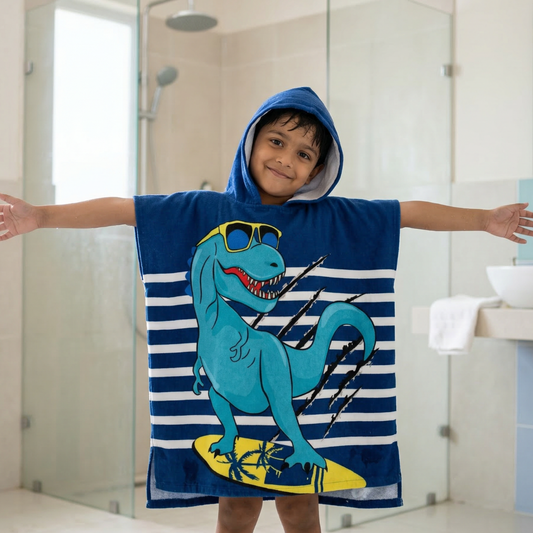 Cool Blue Dino Hooded Poncho Towel for Kids | Quick-Dry, Highly Absorbent Microfiber Bath Towel