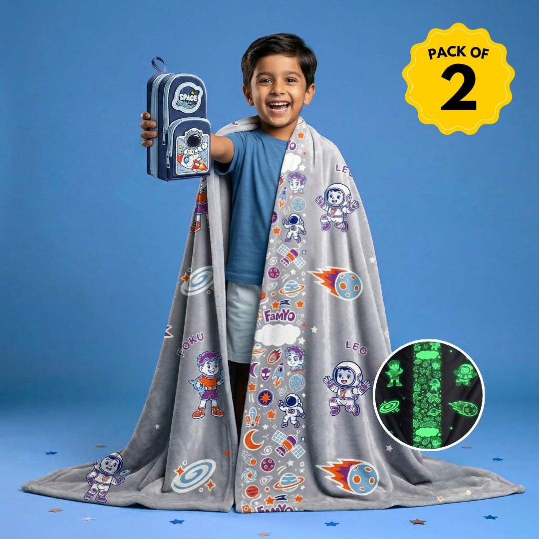 Leo the Astro Glow Maxx Blanket & Blue Space Pencil Pouch Combo | Soft Flannel Queen Size AC Blanket + Soft Shell Pencil Box for Kids - Famyo Gift Set