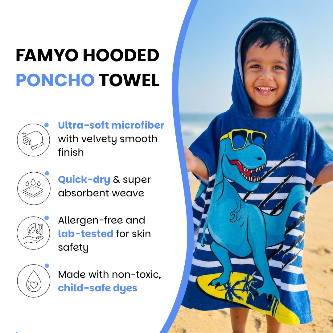 Cool Blue Dino Poncho Bath Towel for Kids, 1-7 years, 60 x 60cm | 100% Cotton, Skin-Friendly Microfiber Hooded Toddler Pool Towel | Quick-Drying, Water Absorbing, Full-Size Bathrobe