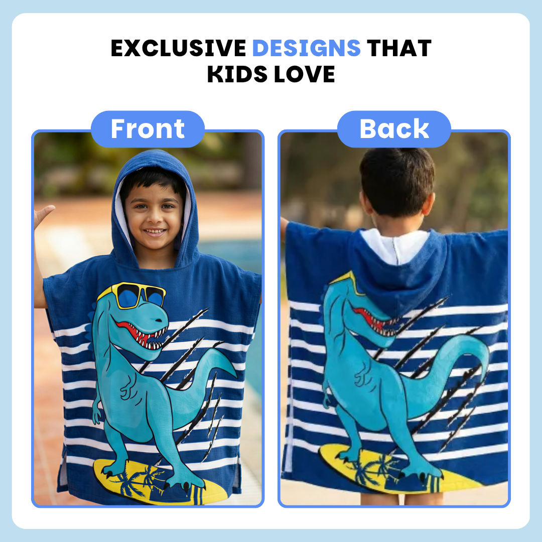 Cool Blue Dino Poncho Bath Towel for Kids, 1-7 years, 60 x 60cm | 100% Cotton, Skin-Friendly Microfiber Hooded Toddler Pool Towel | Quick-Drying, Water Absorbing, Full-Size Bathrobe