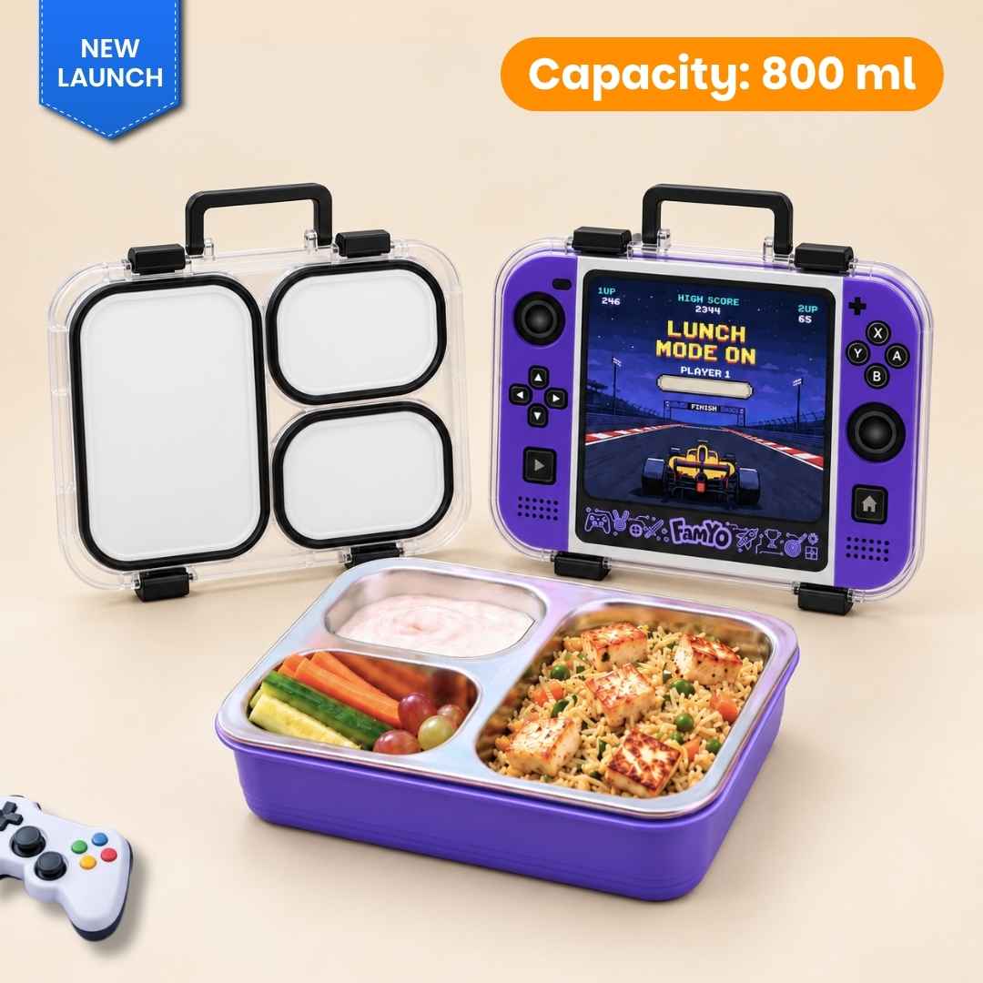 Game On Bento Lunch Box for Kids featuring a video game console print, 3 stainless steel compartments, 800 ml capacity, and a BPA-free outer body