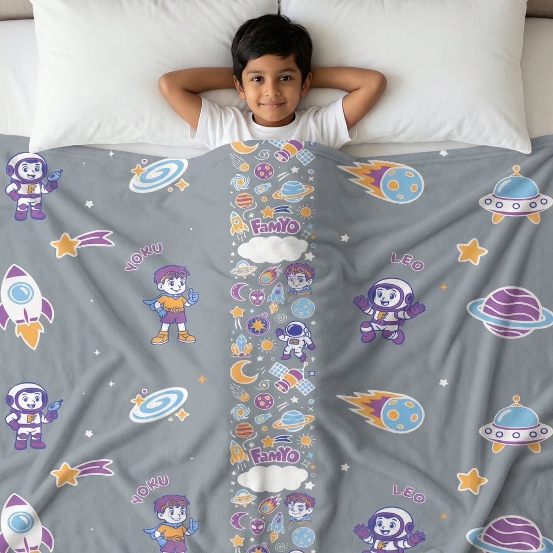 Leo the Astro Glow Maxx Blanket & Blue Space Pencil Pouch Combo | Soft Flannel Queen Size AC Blanket + Soft Shell Pencil Box for Kids - Famyo Gift Set