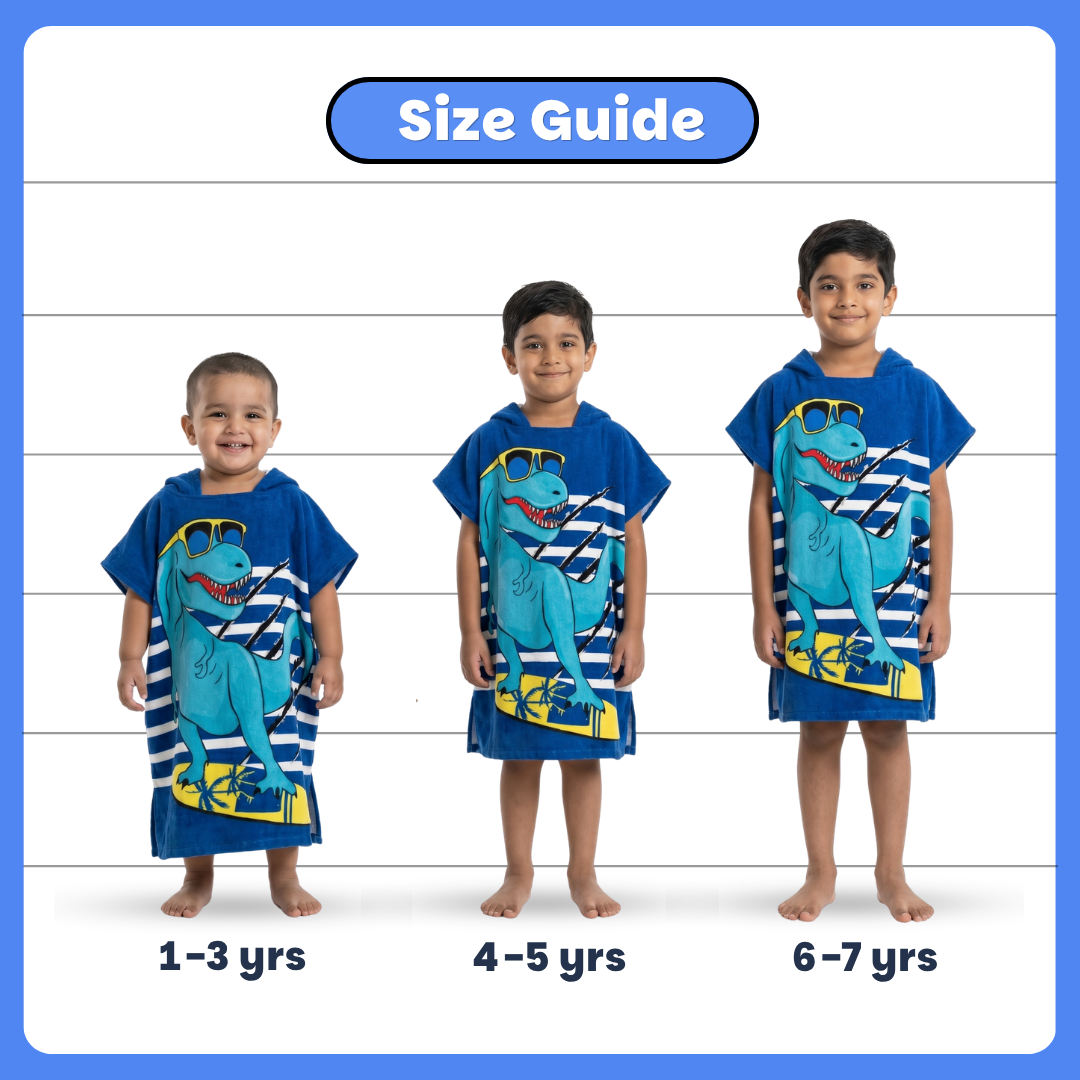 Cool Blue Dino Poncho Bath Towel for Kids, 1-7 years, 60 x 60cm | 100% Cotton, Skin-Friendly Microfiber Hooded Toddler Pool Towel | Quick-Drying, Water Absorbing, Full-Size Bathrobe