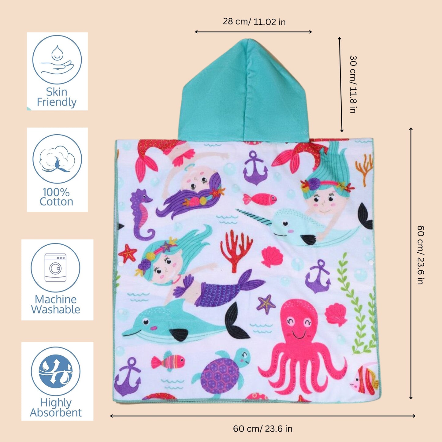 Green Sea Mermaid and Friends Poncho Towel for Kids aged between 0 to 7 years, perfect 60 x 60 cm size. Cool Poncho Bath Robe Towels for Kids at lowest prices only @ Famyo. Shop 2 Poncho Towels @ Just Rs 999 with poncho999