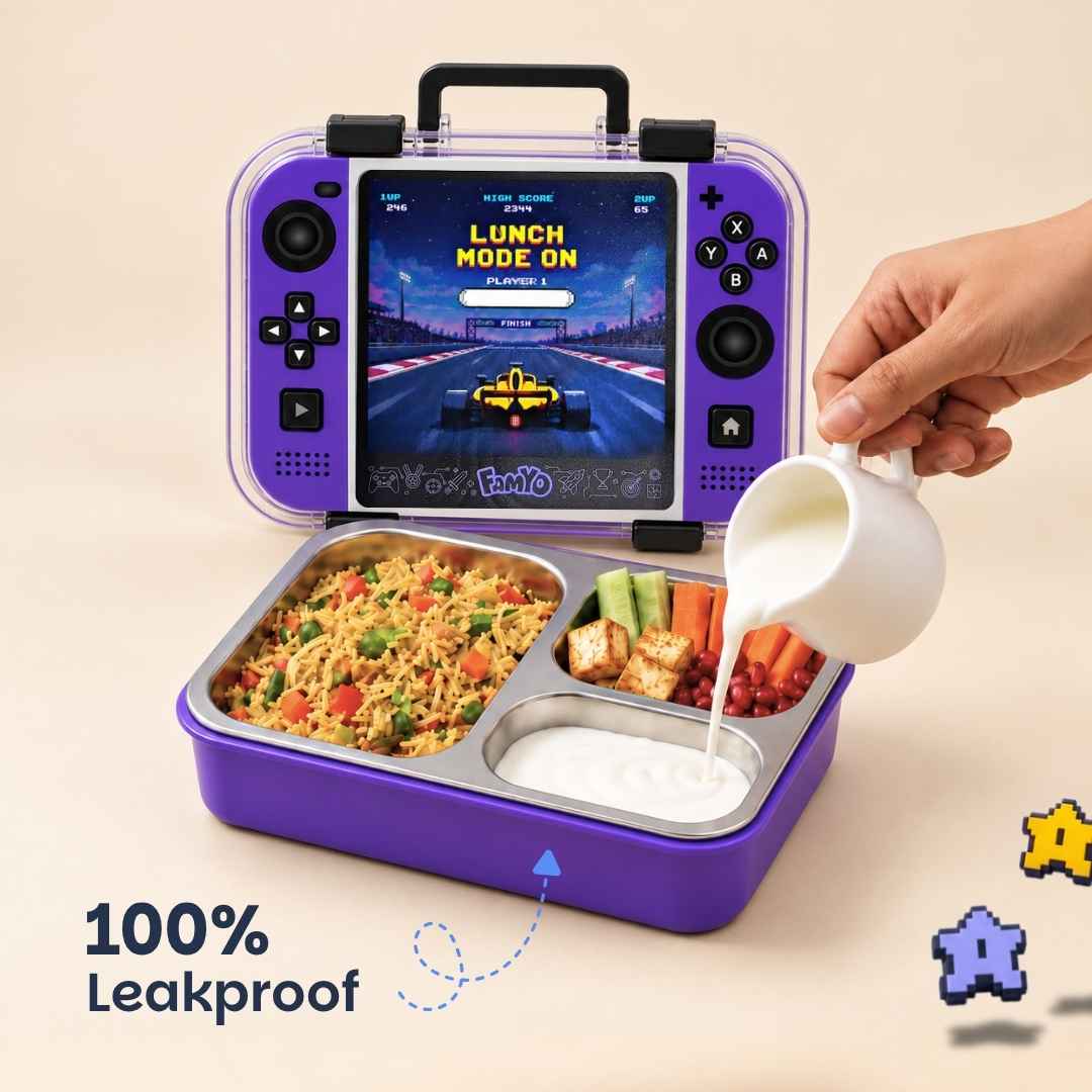 Game On Bento Lunch Box for Kids featuring a video game console print, 3 stainless steel compartments, 800 ml capacity, and a BPA-free outer body