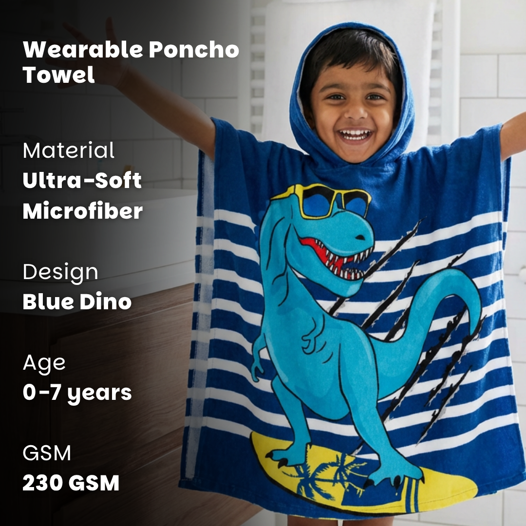 Cool Blue Dino Poncho Bath Towel for Kids, 1-7 years, 60 x 60cm | 100% Cotton, Skin-Friendly Microfiber Hooded Toddler Pool Towel | Quick-Drying, Water Absorbing, Full-Size Bathrobe