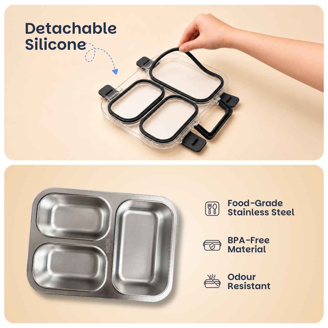 Game On Bento Lunch Box for Kids featuring a video game console print, 3 stainless steel compartments, 800 ml capacity, and a BPA-free outer body