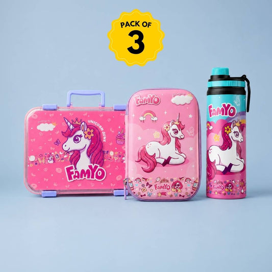 Famyo june the unicorn combo kit for kids - school essentials - unicorn bento lunch box, water bottle and pencil pouch