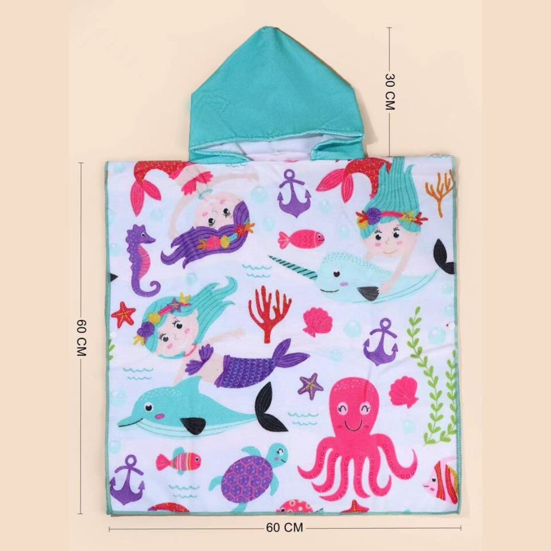 Green Sea Mermaid and Friends Poncho Towel for Kids aged between 0 to 7 years, perfect 60 x 60 cm size. Cool Poncho Bath Robe Towels for Kids at lowest prices only @ Famyo.