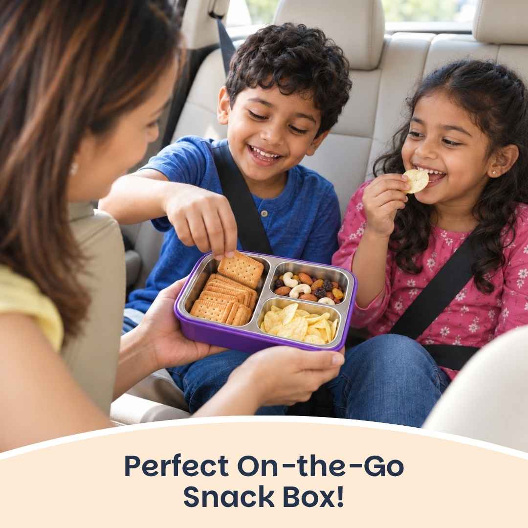 Game On Bento Lunch Box for Kids featuring a video game console print, 3 stainless steel compartments, 800 ml capacity, and a BPA-free outer body