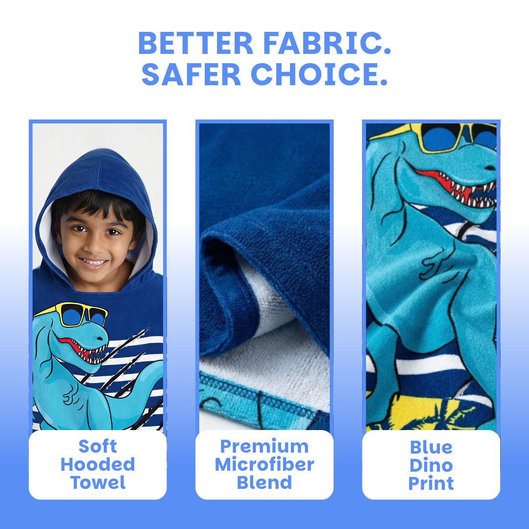 Cool Blue Dino Poncho Bath Towel for Kids, 1-7 years, 60 x 60cm | 100% Cotton, Skin-Friendly Microfiber Hooded Toddler Pool Towel | Quick-Drying, Water Absorbing, Full-Size Bathrobe