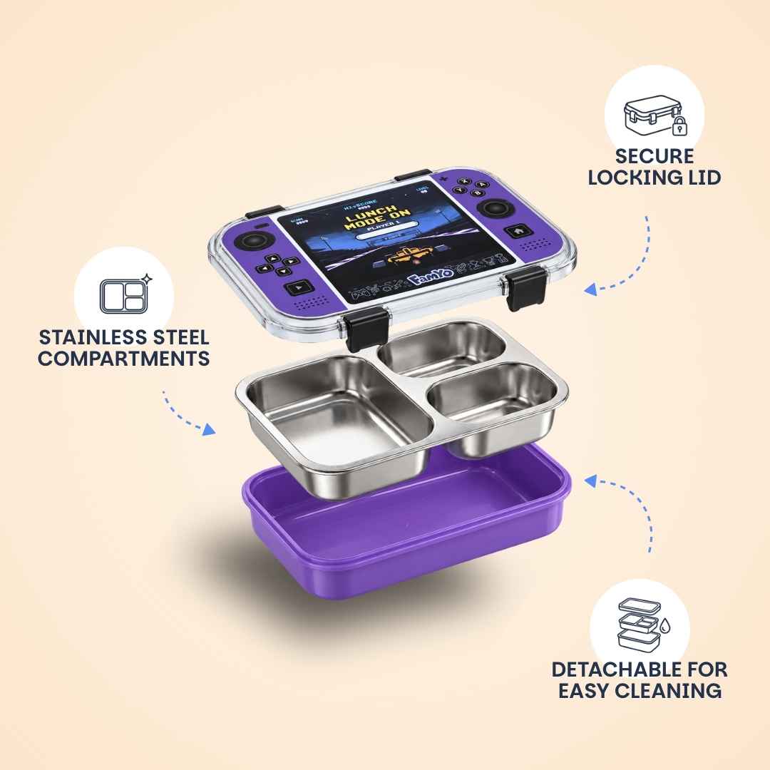 Game On Bento Lunch Box for Kids featuring a video game console print, 3 stainless steel compartments, 800 ml capacity, and a BPA-free outer body