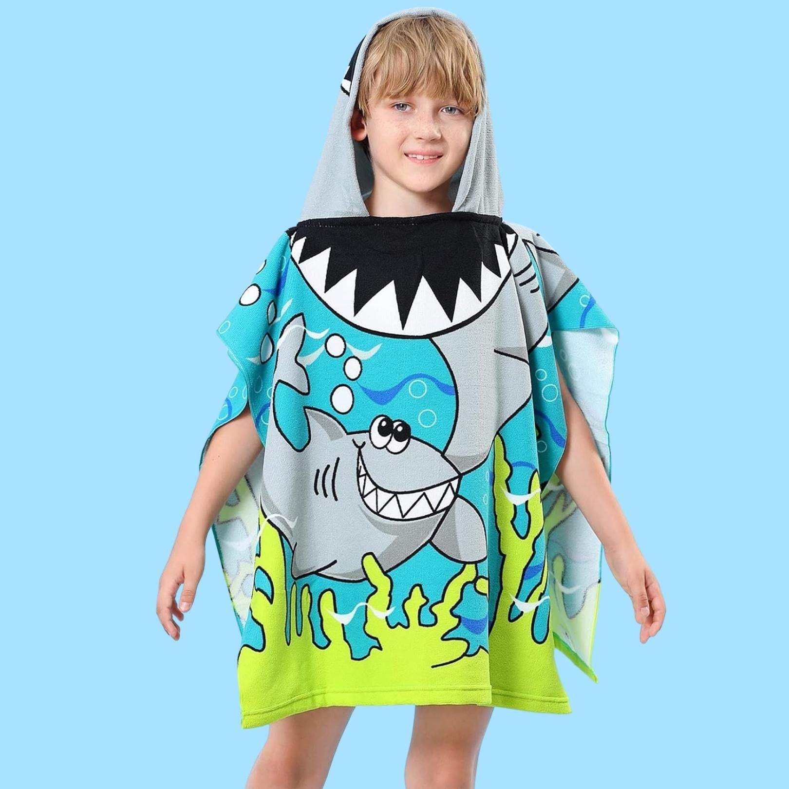 Cute Shark Poncho Towel for Kids | Hooded Beach Bath Towels for Boys & Girls | 60 x 60cm Toddler Pool Towel with Hood