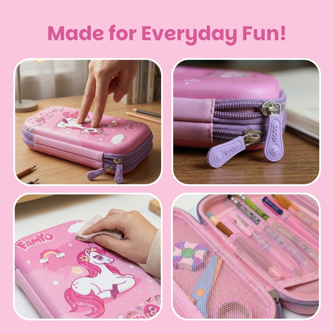 Famyo Pink pencil case with unicorn design for kids school stationery organisation - for everyday fun