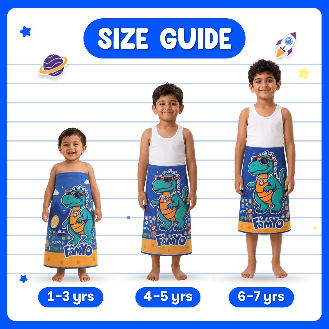 Rexy the Dino kids towel featuring soft quick-dry terry fabric, lightweight absorbent design, 70 × 140 cm size, and ideal for bath, beach, pool, swimming, travel, and everyday use.