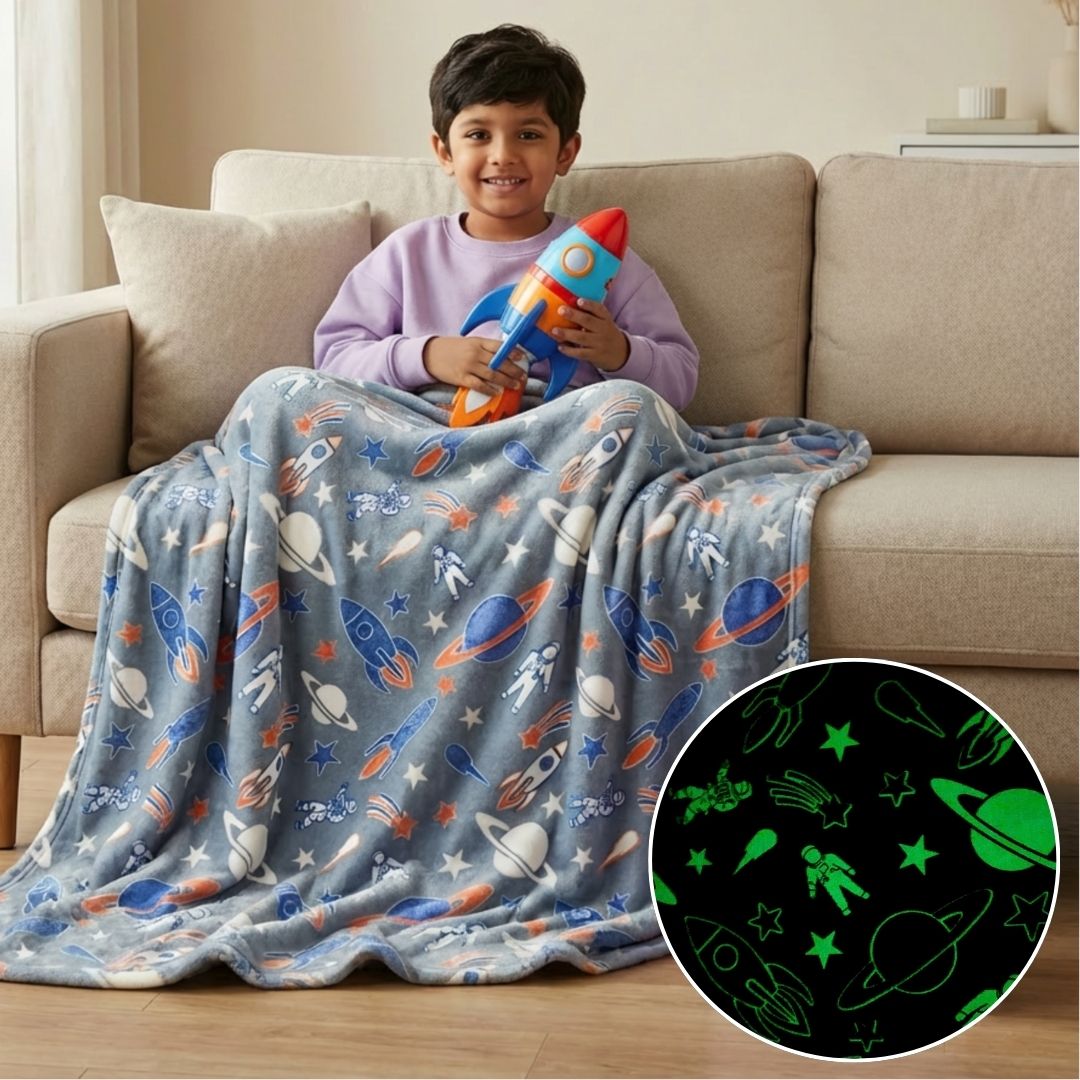 Rocket Spaceship & Pink Unicorn Glow Blanket Set of 2 | Soft Flannel AC Blankets for All-Season | Perfect Gift for Kids