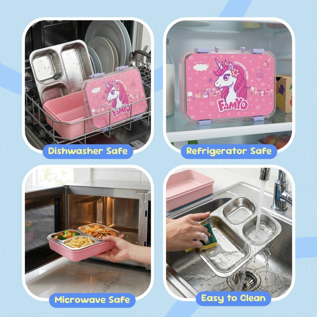 Famyo Bento Lunch box for kids - tffin box for school kids - dishwasher safe, refigerator safe, microwave safe and easy to clean