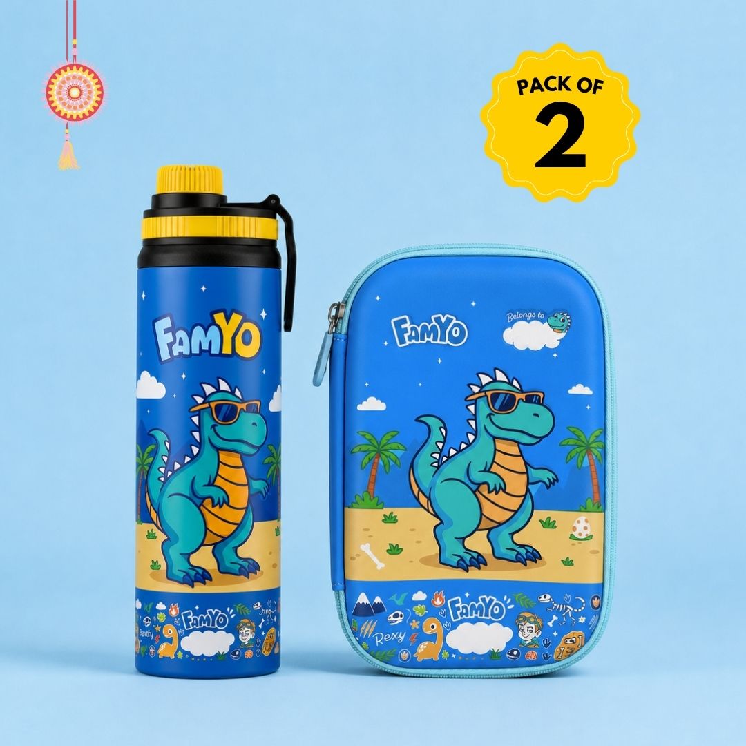 Rexy the Dino water bottle and hard shell pencil pouch combo for kids featuring a 900 ml stainless steel school water bottle and durable Rexy dinosaur pencil case, ideal for school, travel, and everyday use.
