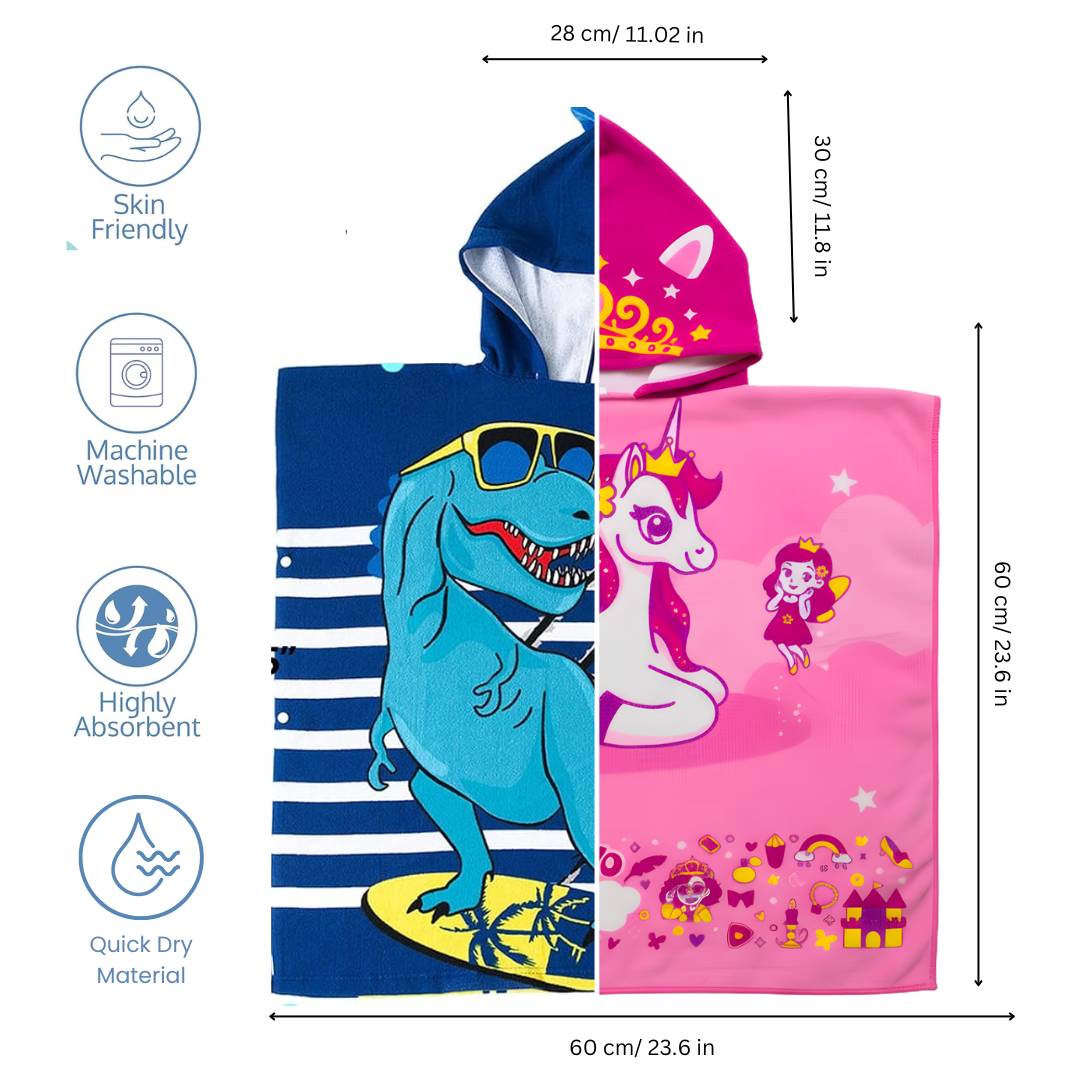 Dino & June Unicorn Hooded Bath Towel, Set of 2 | 100% Microfiber Poncho Towel for Kids (1-7 Years)