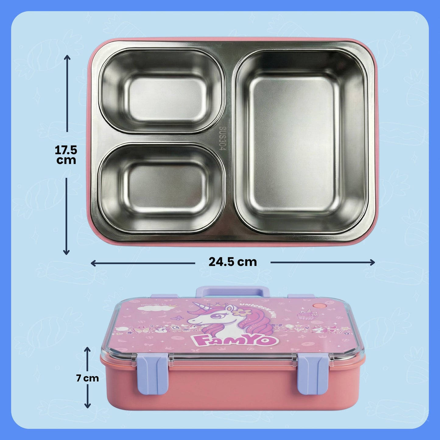 June the Unicorn bento lunch box for kids featuring 3 stainless steel compartments, leakproof design, BPA-free outer body, child-friendly locking clips, organised meal storage, and perfect for school lunches, travel, daycare, and everyday use.